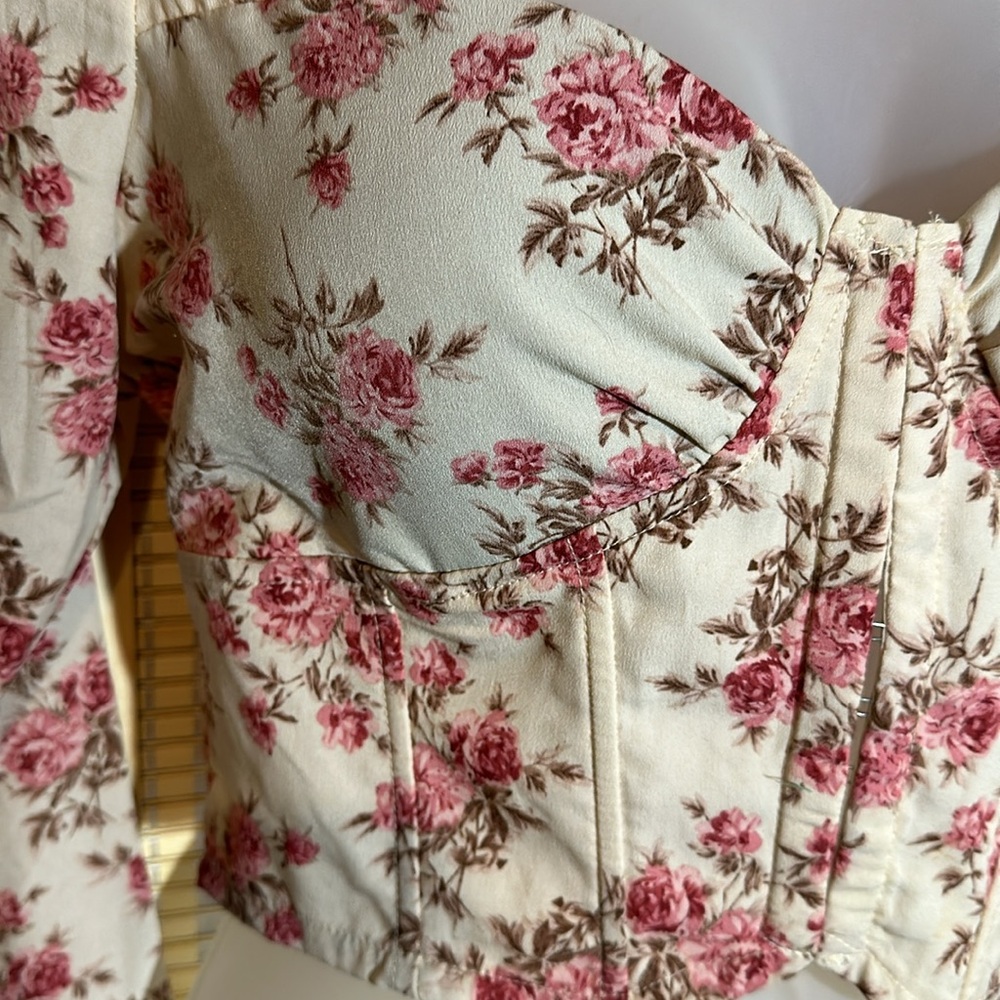 Windsor Thin Cropped Pink Roses Corset Top With Bra Cups Front Hooks Small - Picture 9 of 16